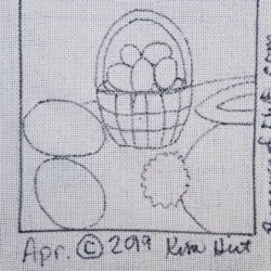 The Easter bunny is only visible by his tail as he moves off the right side of the pattern. He has left behind eggs and a basket full of eggs.